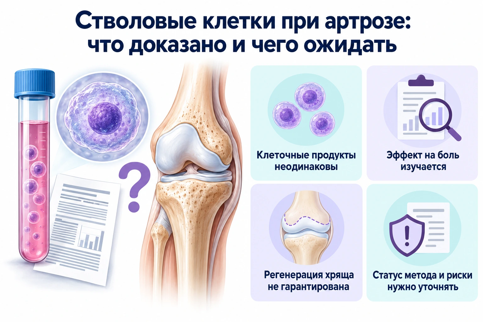 Стволовые клетки при артрозе: что доказано и чего ожидать Стволовые клетки при артрозе: что доказано и чего ожидать: клеточные продукты неодинаковы; эффект на боль изучается; регенерация хряща не гарантирована; статус метода и риски нужно уточнять