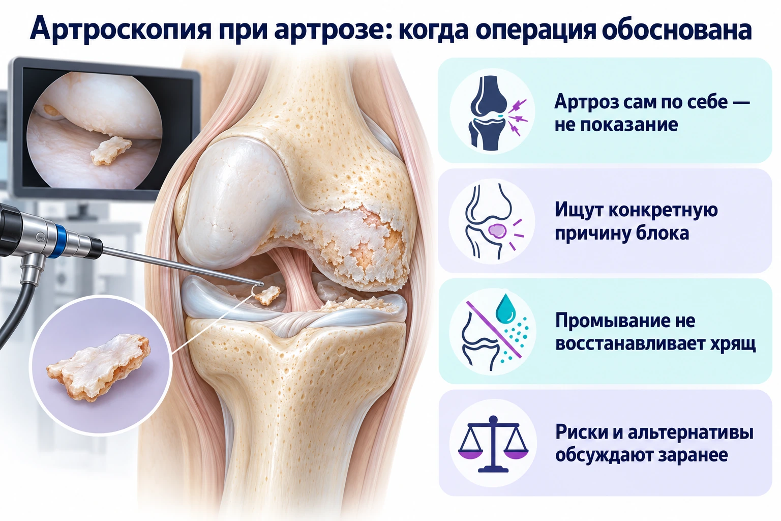 Артроскопия при артрозе: когда операция обоснована: артроз сам по себе — не показание; ищут конкретную причину блока; промывание не восстанавливает хрящ; риски и альтернативы обсуждают заранее