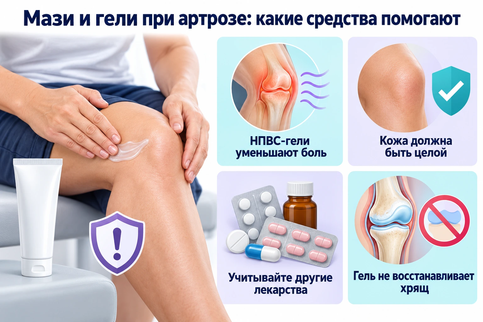 Мази и гели при артрозе: какие средства помогают Мази и гели при артрозе: какие средства помогают: нПВС-гели уменьшают боль; кожа должна быть целой; учитывайте другие лекарства; гель не восстанавливает хрящ