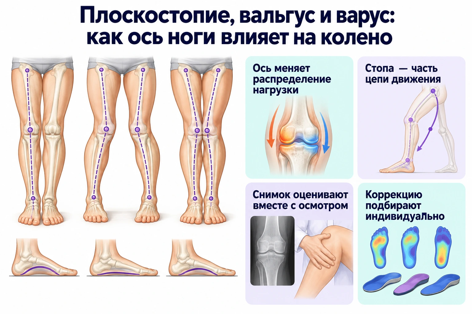 Ось ноги, свод стопы и нагрузка на колено Варианты оси ног и свода стопы: нейтральное положение, варус, вальгус и распределение нагрузки на колено