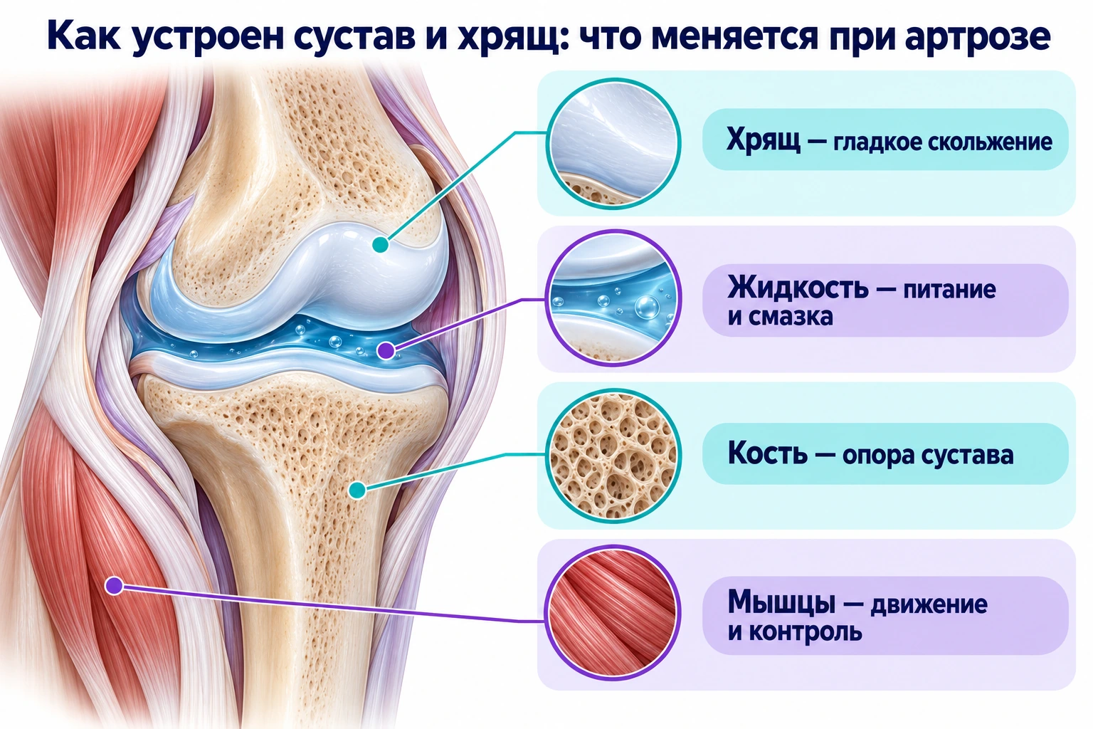 Строение сустава: хрящ, жидкость, кость и мышцы Схема коленного сустава: суставной хрящ, синовиальная жидкость, кость и мышцы