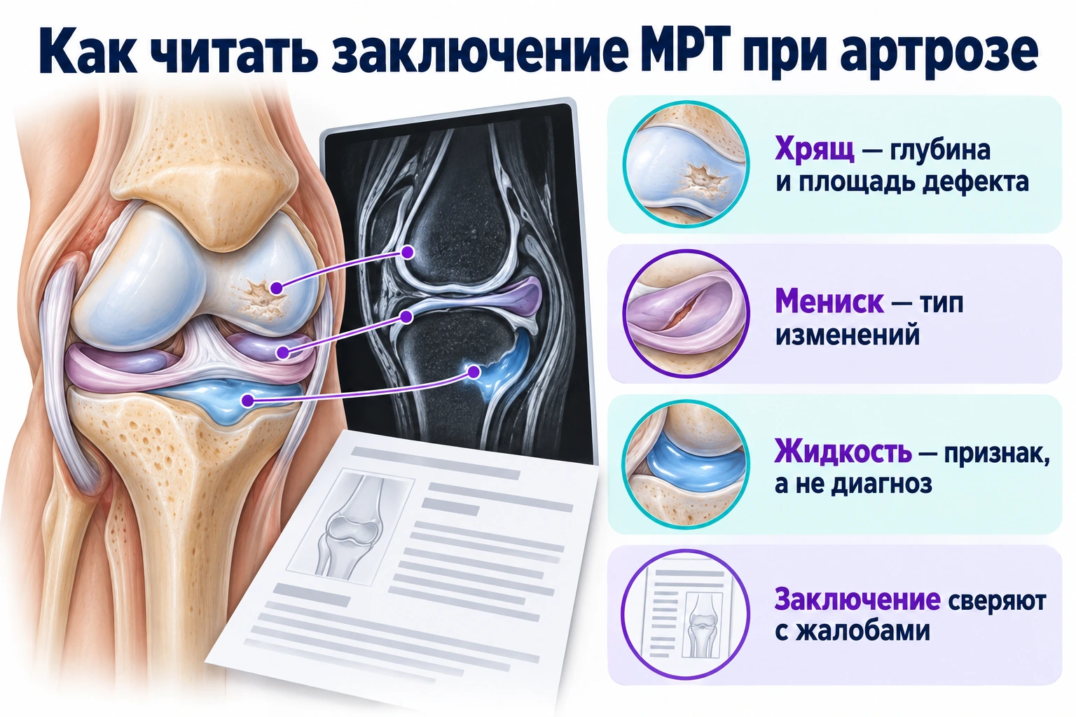 Как читать заключение МРТ при артрозе: хрящ — глубина и площадь дефекта; мениск — тип изменений; жидкость — признак, а не диагноз; заключение сверяют с жалобами