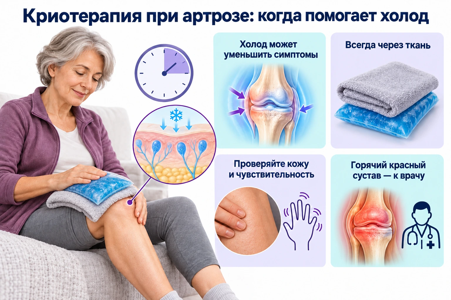 Местное охлаждение колена при артрозе через защитную ткань: контроль кожи и чувствительности, обращение к врачу при горячем красном суставе