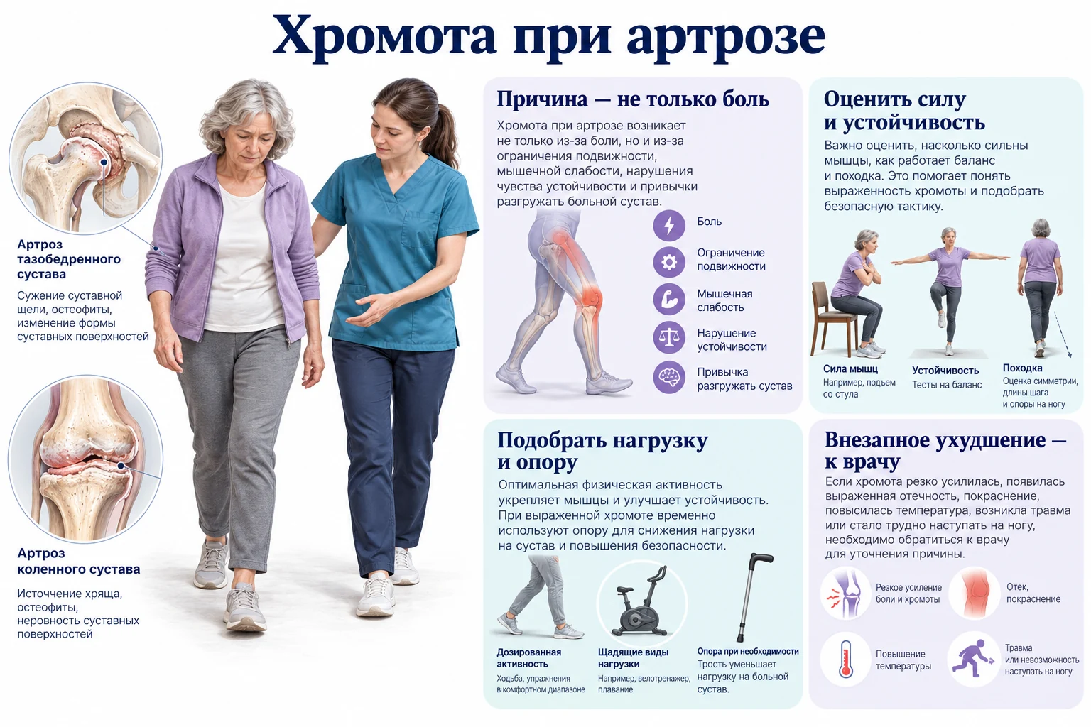 Хромота и изменение походки при артрозе Хромота при артрозе: оценка боли, мышечной силы и устойчивости, подбор нагрузки и опоры, признаки для обращения к врачу