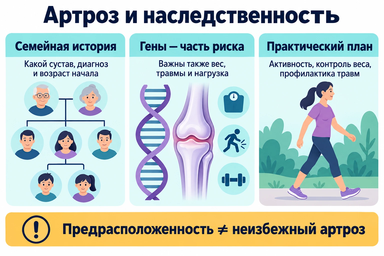 Артроз и наследственность — семейный риск и профилактика Инфографика об артрозе и наследственности: семейная история, роль генов, веса, травм и нагрузки, профилактика