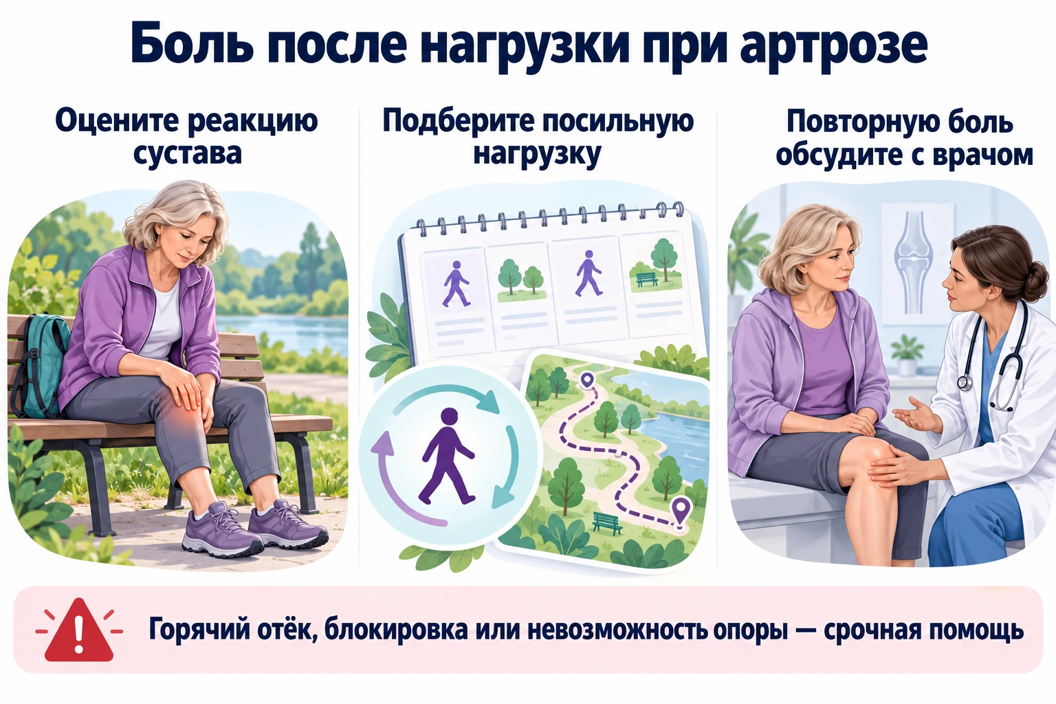 Боль после нагрузки при артрозе — памятка пациенту Боль после нагрузки при артрозе: оценка реакции сустава, изменение объёма активности и обсуждение повторной боли с врачом